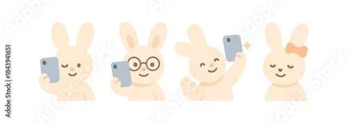 Cute cartoon rabbits taking selfies with smartphones
