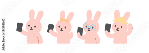 Cute cartoon bunnies taking selfies with different accessories in a minimalist style