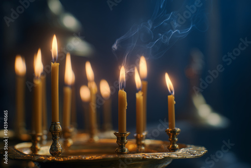 Golden orthodox candles glowing in dark interior with gentle smoke