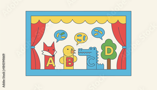 A playful puppet theater where puppets perform a skit focused on the alphabet introducing each letter through fun dialogue and scenarios.