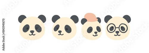 Cute panda face icons with various expressions and accessories in flat style