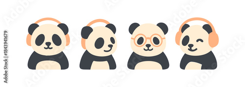 Cute pandas with headphones and glasses in minimalist flat design