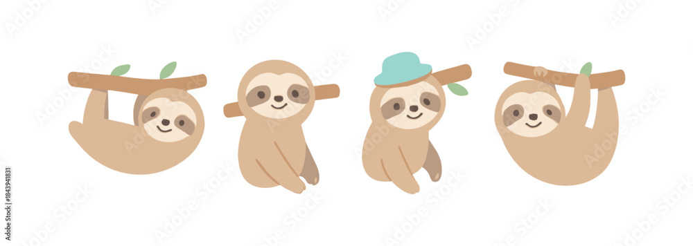 Fototapeta premium Cute sloth characters with playful expressions and poses on branches