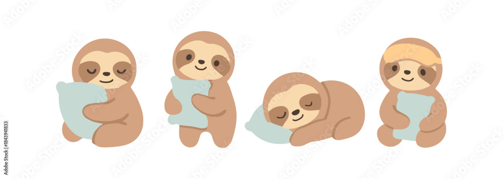 Obraz premium Cute cartoon sloths with pillows: relaxing and sleeping illustrations