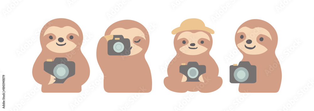 Obraz premium Adorable cartoon sloths with cameras in cute camera-ready poses