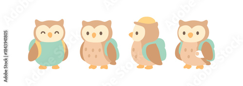 Cute flat owls with backpacks in various poses on white background