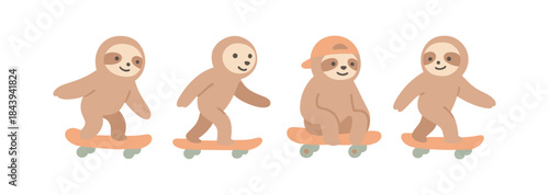 Cute sloths skateboarding in a fun minimalist art style