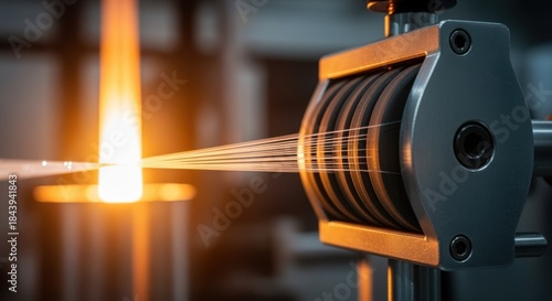 Focused image of tensioning device gripping fiberoptic strands as they exit heated drawing tower maintaining consistent diameter for optimal performance.