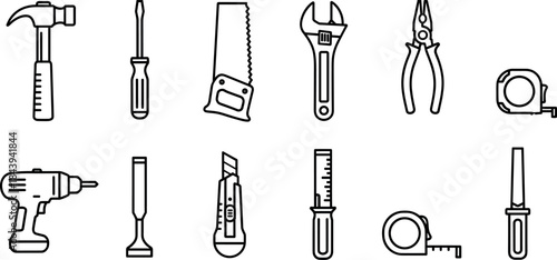 Line icons of various hand tools and equipment for DIY projects and construction