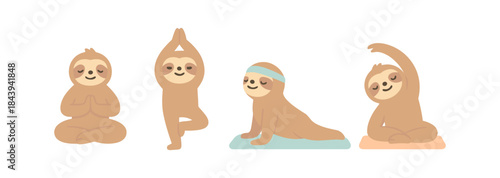 Cute sloths practicing yoga poses in flat style for relaxation and fun