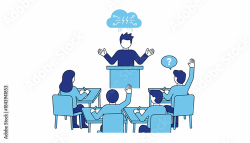 An instructor standing at the front animatedly explaining a complex coding concept while students take notes and ask questions.