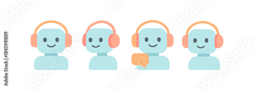 Cartoon robots listening to music with headphones and chat bubble