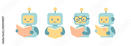 Cute robots reading books with different expressions in pastel colors