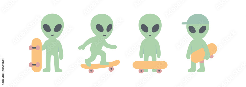 Obraz premium Cute aliens skateboarding: fun cartoon characters with skateboards