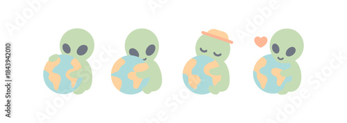 Cute alien characters holding earth with hat and heart elements