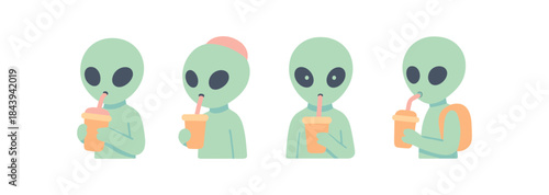 Cute aliens enjoying drinks in minimalist flat design
