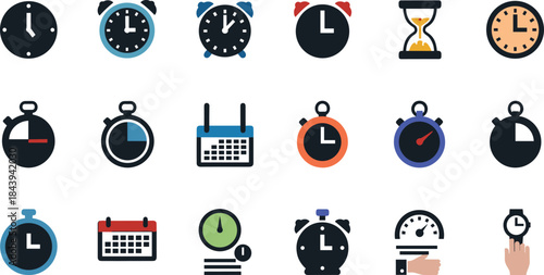Time Management Icons Set - Clocks, Alarms, Timers, and Calendars