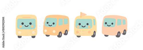 Cute cartoon buses with smiling faces in pastel colors for kids