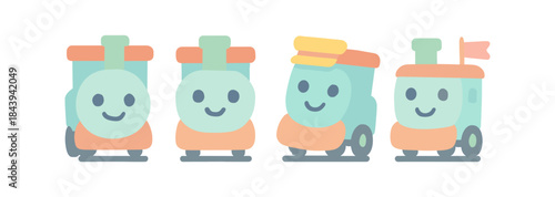 Cute cartoon train characters with smiling faces in pastel colors