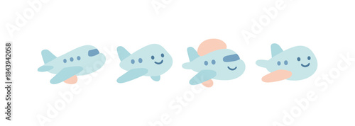 Cute airplanes with smiling faces in pastel colors for kids