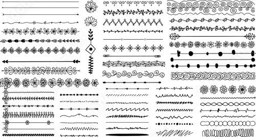Collection of various black line art dividers and decorative borders on white background