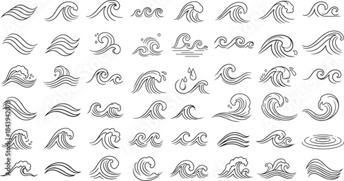 Collection of various wave designs and symbols in black line art style