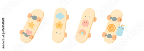Cute skateboard designs with pastel icons and fun patterns