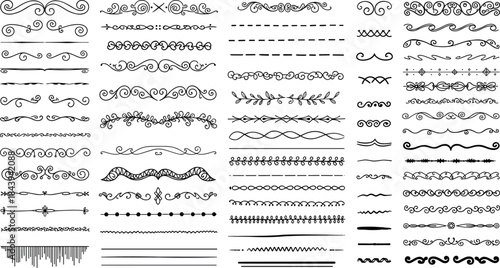 Collection of elegant black swirl and line dividers for design and decoration purposes.