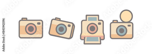 Set of vintage cameras in pastel colors with soft outline design