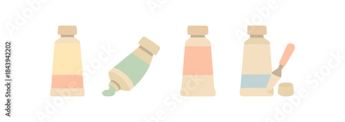 Minimalist pastel art supplies: paint tubes and brush in soft colors
