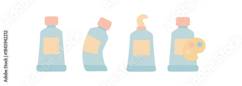 Flat pastel art supplies collection: paint tubes and palette