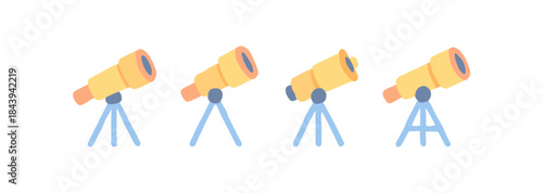 Set of simple flat telescopes on tripods in minimalist style