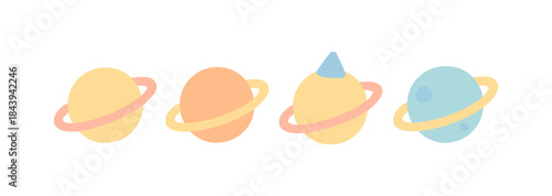 Minimalist planetary icons featuring unique rings and shapes