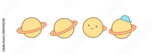 Cute cartoon planets with rings in various expressions and accessories
