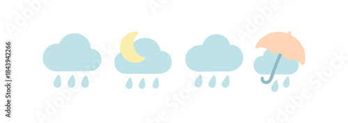 Minimalist weather icons set with clouds, moon, rain, and umbrella