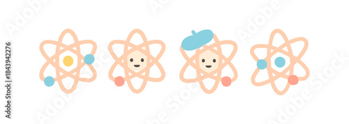 Cute atomic characters with smile faces and accessories in minimal style