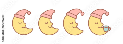 Cute cartoon phases of the sleeping moon with pajama hat in pastel colors