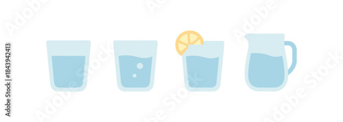 Flat design water glasses and pitcher with lemon slice