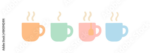 Colorful minimalist coffee mugs with steam in pastel tones