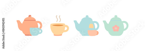 Colorful teapots and cups set in flat design style