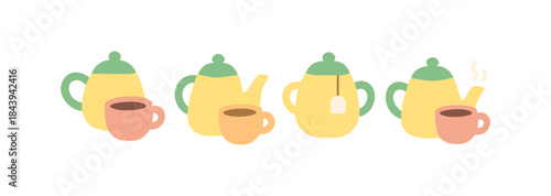 Cute pastel tea set: adorable teapots and cups in minimalist flat design