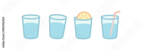 Set of refreshing drinks: lemon slice and straw in blue glasses