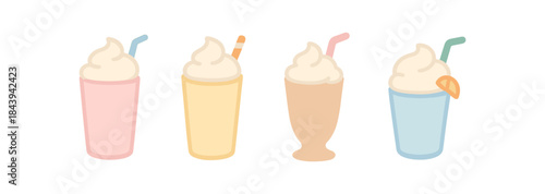 Cute pastel milkshakes in minimalist style with various decorations