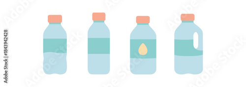 Minimalist colorful plastic water bottles with caps in flat design