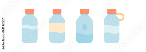 Set of flat style water bottles with orange caps and minimalist designs
