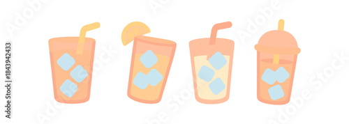 Refreshing summer drinks with ice and straws in flat style