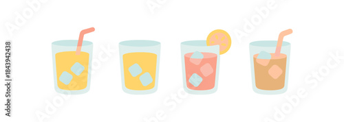 Colorful flat style assorted drinks with ice in glasses