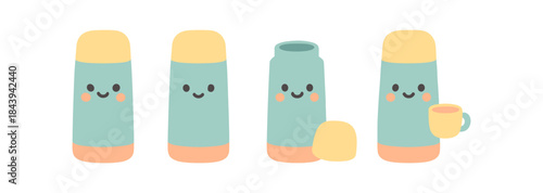 Cute cartoon thermos collection with smiling faces and cup