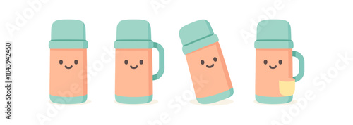 Cute cartoon thermos mug collection with smiling faces on white background