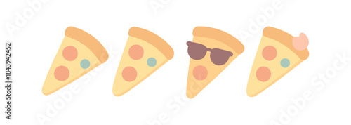 Playful pizza slices with sunglasses in pastel flat style